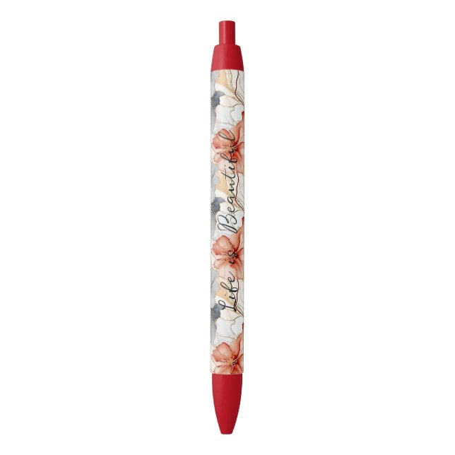 Beautiful Feminine Peach Blue and White Floral Black Ink Pen (Front Vertical)