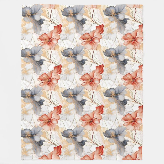 Beautiful Feminine Peach Blue and White Floral Fleece Blanket (Front)