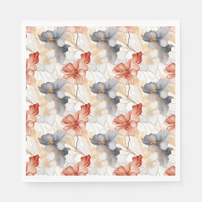 Beautiful Feminine Peach Red Blue and White Floral Napkin (Front)