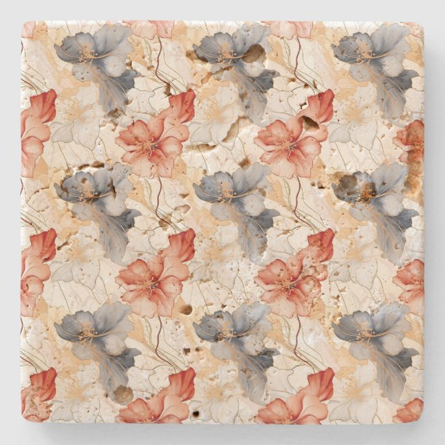 Beautiful Feminine Peach Red Blue and White Floral Stone Coaster (Front)