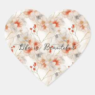 Beautiful Feminine Peach Red White Floral Heart Sticker