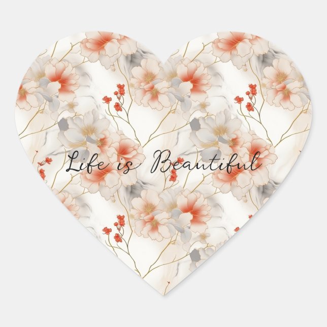 Beautiful Feminine Peach Red White Floral Heart Sticker (Front)