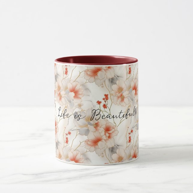 Beautiful Feminine Peach Red White Floral Mug (Center)