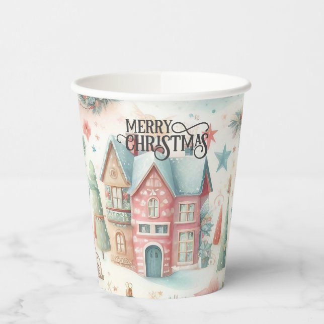 Beautiful Festive Village House Vintage Christmas  Paper Cups (Left)
