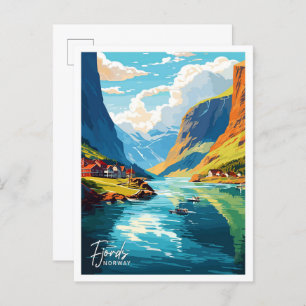 Beautiful Fjords Norway Art Travel illustration Postcard