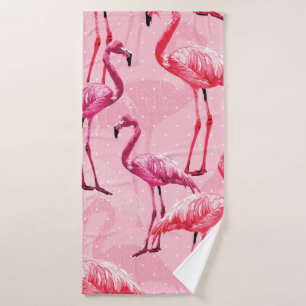 Beautiful Flamingo Bird Pink Seamless Pattern illu Bath Towel