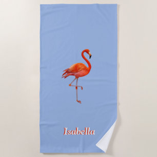 Beautiful flamingo on light blue personalised  beach towel