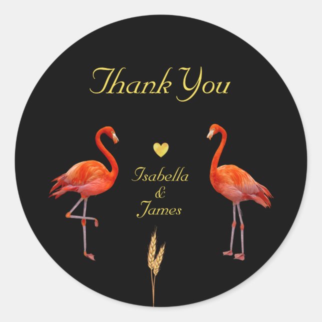 Beautiful Flamingos on Black & Golden Thank You Classic Round Sticker (Front)