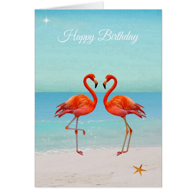 Beautiful Flamingos on the Beach  Birthday Card (Front)