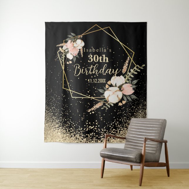 Beautiful Floral and Gold Glitter Birthday   Tapestry (In Situ)