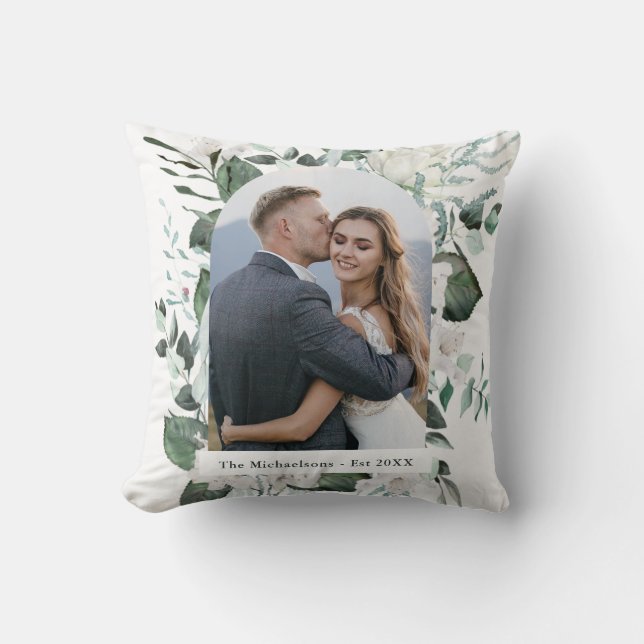 Beautiful Floral and Greenery Photo Arch Wedding Cushion (Front)