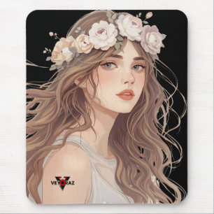 Beautiful Floral Anime Girl – Soft Pastel Aesthe Mouse Pad