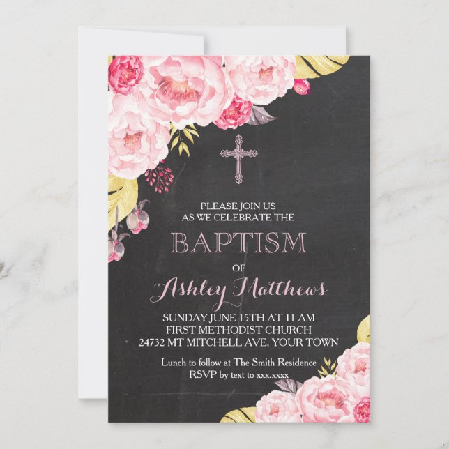 Beautiful Floral Baptism Invitation, Baby Invitation (Front)