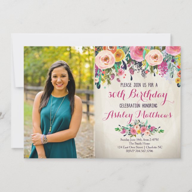 Beautiful Floral Birthday Invitation, Invitation (Front)