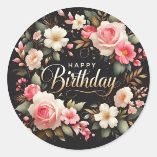 Beautiful Floral Birthday sticker: "HappyBirthday" Classic Round Sticker