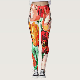 Beautiful Floral Bouquet Tulips Black Outline Art Leggings