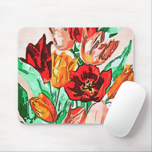 Beautiful Floral Bouquet Tulips Black Outline Art Mouse Pad