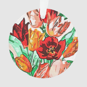 Beautiful Floral Bouquet Tulips Black Outline Art Ornament