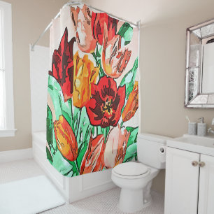 Beautiful Floral Bouquet Tulips Black Outline Art Shower Curtain