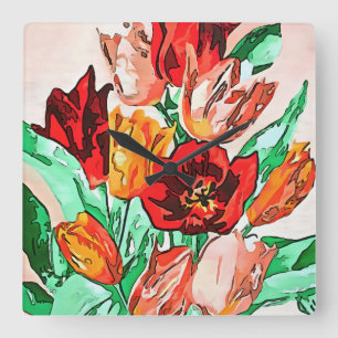 Beautiful Floral Bouquet Tulips Black Outline Art Square Wall Clock