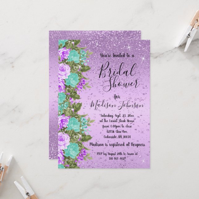 Beautiful Floral Bridal Shower - Purple & Teal  Invitation (Front/Back In Situ)