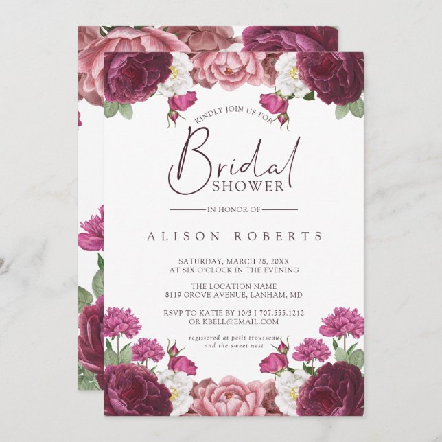 Beautiful Floral Burgundy Bridal Shower Invitation (Front/Back)