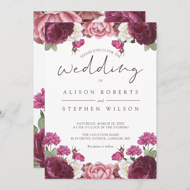 Beautiful Floral Burgundy Wedding Invitation (Front/Back)