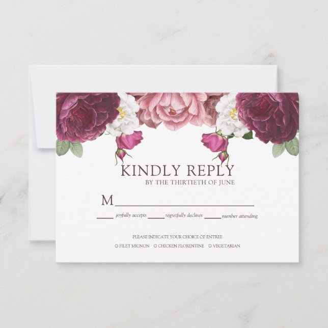 Beautiful Floral Burgundy Wedding RSVP Card (Front)