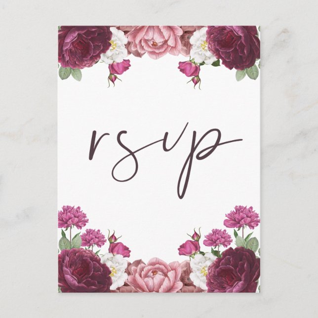 Beautiful Floral Burgundy Wedding Rsvp Invitation Postcard (Front)