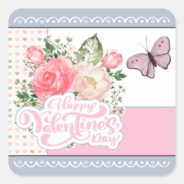 Beautiful Floral & Butterfly Valentine's Day Square Sticker (Front)
