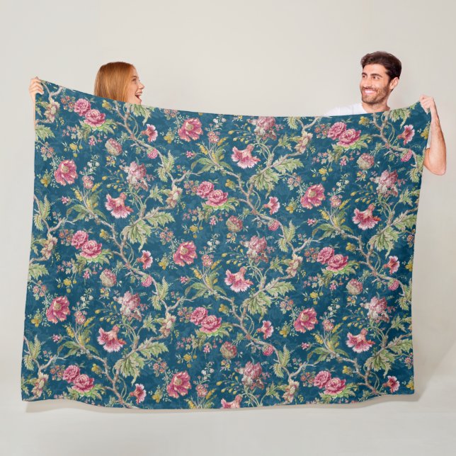 Beautiful Floral Colourful Flowers Blue Background Fleece Blanket (In Situ)