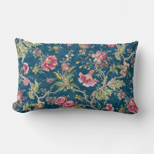 Beautiful Floral Colourful Flowers Blue Background Lumbar Cushion (Front)