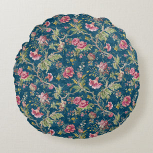 Beautiful Floral Colourful Flowers Blue Background Round Cushion
