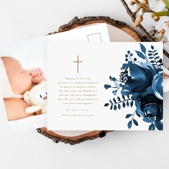 Beautiful Floral Cross Baptism Photo Thank You Postcard (Creator Uploaded)