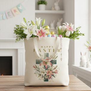 Beautiful Floral Cross Happy Easter Christian Tote Bag
