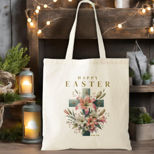 Beautiful Floral Cross Happy Easter Christian Tote Bag