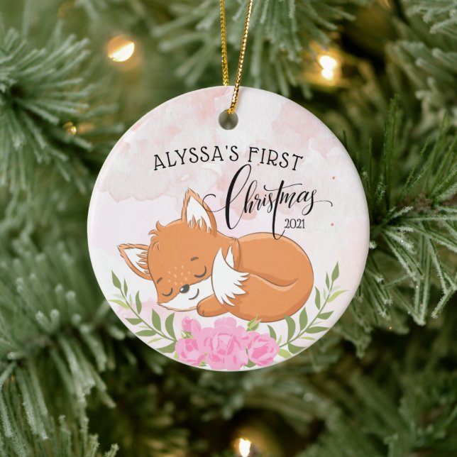 Beautiful floral fox baby's first Christmas Ceramic Ornament (Tree)