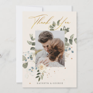 Beautiful Floral Gold Calligraphy Wedding Photo Thank You Card