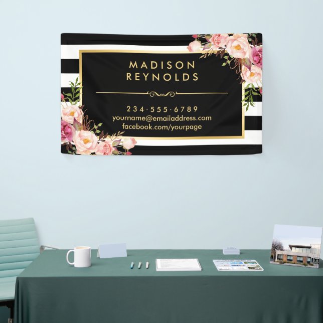 Beautiful Floral Gold Frame Black White Stripes Banner (Tradeshow)