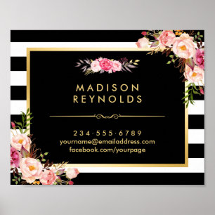 Beautiful Floral Gold Frame Black White Stripes Poster