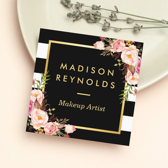 Beautiful Floral Gold Frame Black White Stripes Square Business Card (Creator Uploaded)