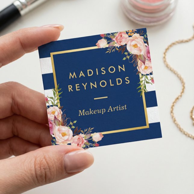 Beautiful Floral Gold Frame Navy White Stripes Square Business Card (Creator Uploaded)