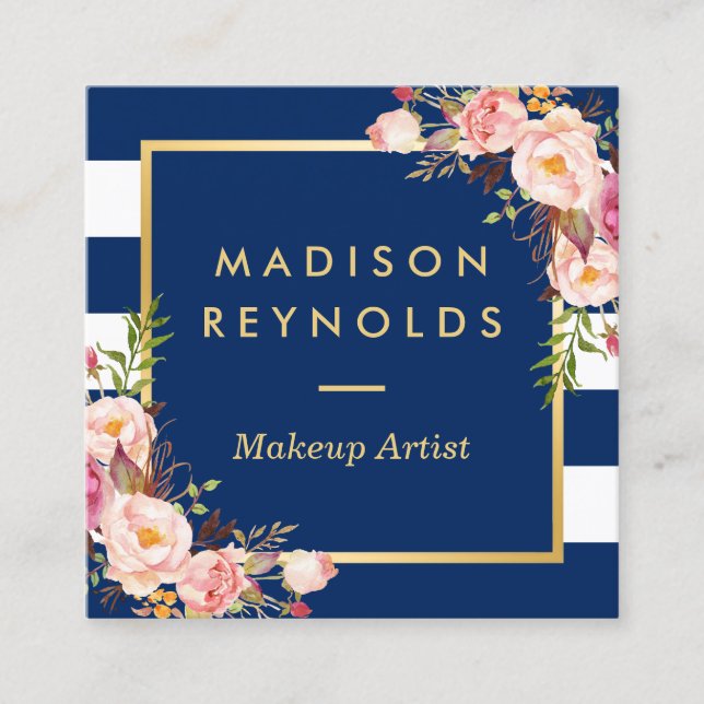 Beautiful Floral Gold Frame Navy White Stripes Square Business Card (Front)