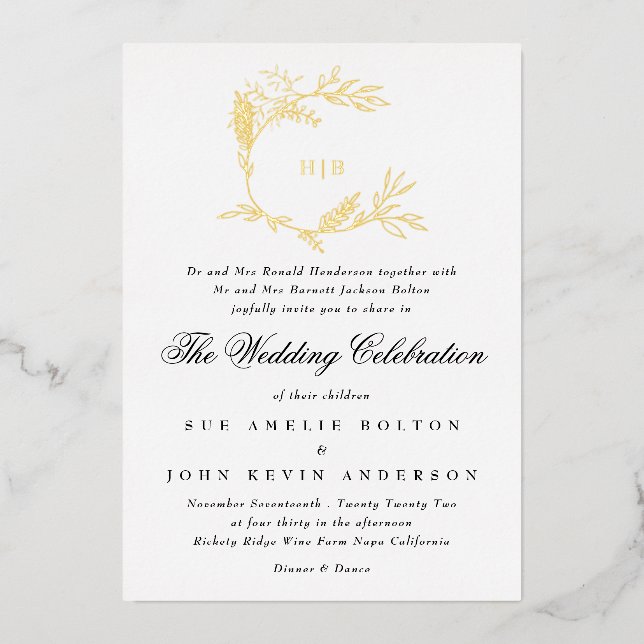 Beautiful Floral GOLD Monogram Sketched Wedding (Front)
