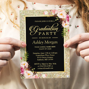 Beautiful Floral Gold Sparkles Graduation Party Invitation