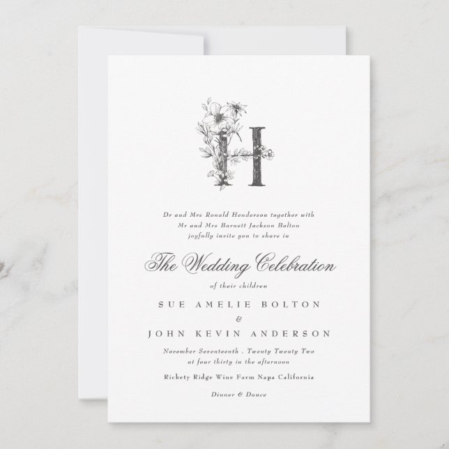 Beautiful Floral 'H' Monogram Sketched Wedding Invitation (Front)