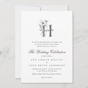 Beautiful Floral 'H' Monogram Sketched Wedding Invitation
