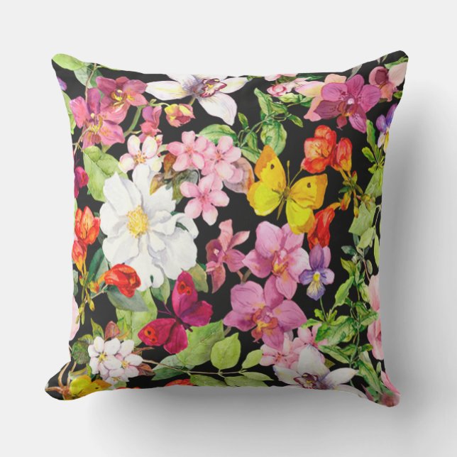Beautiful,floral,hand painted, flowers,black,backg cushion (Front)