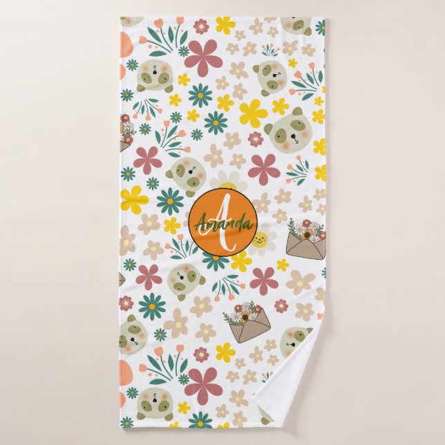 Beautiful floral monogram girly feminine white bath towel (Bath Towel)