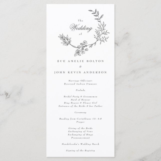 Beautiful Floral Monogram Sketched Wedding Program (Front)